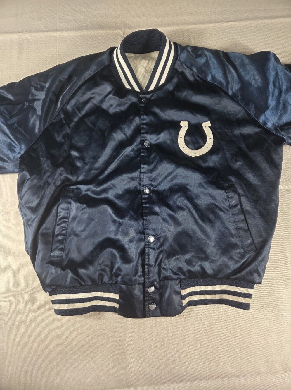 Vintage Indianapolis Colts Satin Snap Front Jacket Blue Quilted Lined NFL USA XL